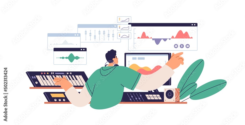 Aufkleber Sound designer, composer working with multimedia software, composing electronic music. Musician creating at computer desk. Audio production. Flat vector illustration isolated on white background