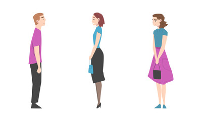 Fototapeta premium Standing Man and Woman Waiting with Patience for Something Vector Set