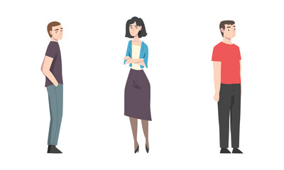 Fototapeta premium Standing Man and Woman Waiting with Patience for Something Vector Set