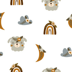 seamless pattern with cute sleeping llama and outer space elements. Vector illustration in boho style decorated with floristry on a white background