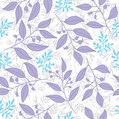 Floral pattern with purple, blue and gray leaf on white background. Beautiful seamless vector illustration