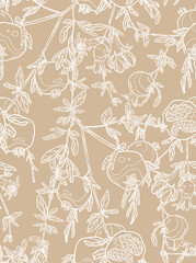 Fototapeta premium Pomegranate branches pattern. White fruit, twigs and leaves on beige background