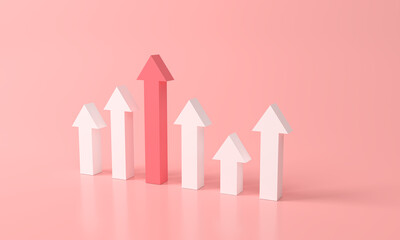 3d rendering pink or red stair step to Arrow growth success. progress way and forward achievement. Abstract Arrows Set Isolated on pink-red Background. 3D Shapes Collection. minimal creative concept