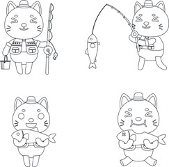 cat fishing outline flat vector collection