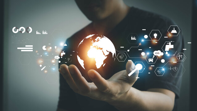 Air pollution management concept to protect the earth, pollution global warming icon. Problem Factors and Renewable Energy,Business people display data with virtual screen interface.