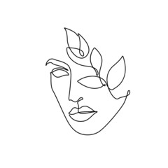 Woman Face with Leaves Line Art Drawing. Abstract Female Face Continuous Linear Art in Elegant Style for Wall Decor, Prints, Tattoos, Posters, Postcards, etc. Beautiful Woman Vector Illustration. 
