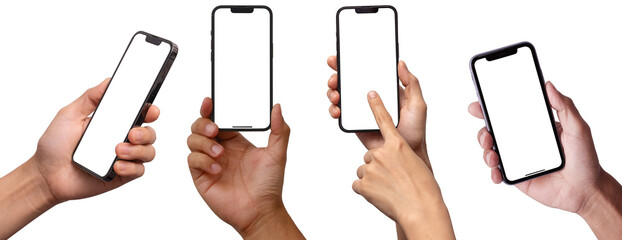 Hand holding the smartphone with blank screen and modern frameless design, hold Mobile phone on transparent background Ideal for marketing, app design