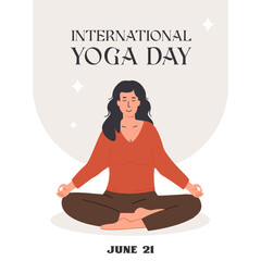 International Yoga Day square poster. Contemporary trendy banner with tranquil women with closed eyes and crossed legs meditating in yoga lotus posture. Vector card for wellness center or yoga studio.