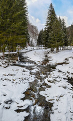 River in the mountains in winter, snow landscape