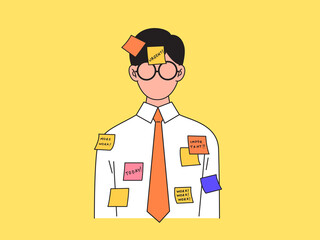 Office worker with a lot of sticky note with urgent work massages on it. Concept of overwork at office, overload working, hard working, Overtime. Flat vector illustration.