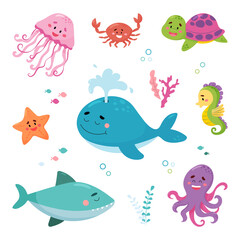 Ensemble vectoriel d& 39 animaux marins. Idée de cartes postales, invitation, affiche pour enfants, vêtements pour bébés.