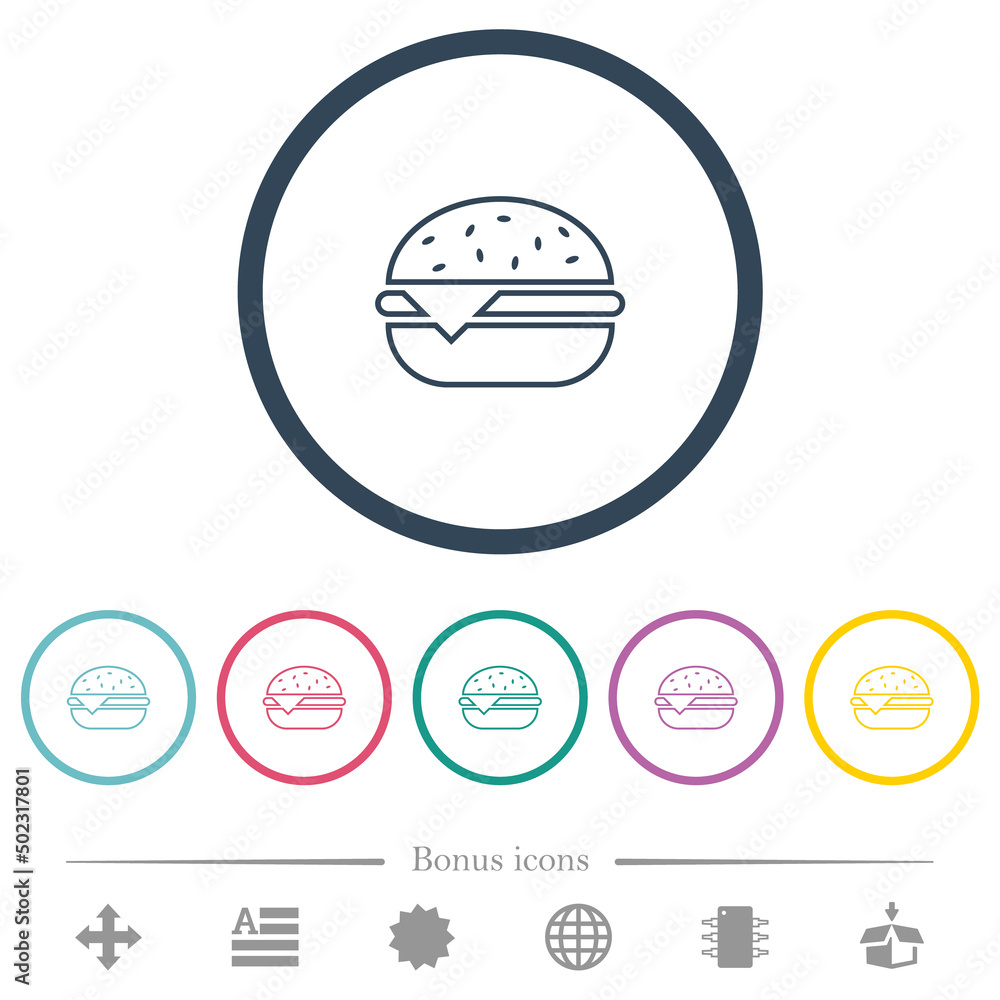 Poster Single cheeseburger outline flat color icons in round outlines