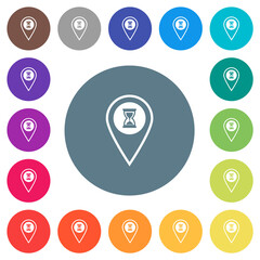 GPS location wait flat white icons on round color backgrounds