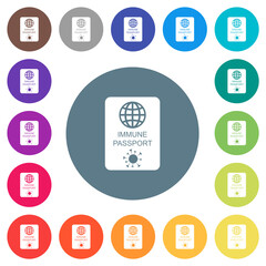Immune passport flat white icons on round color backgrounds