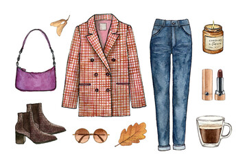 watercolor hand drawing sketch fashion fall outfit, a set of clothes and accessories
