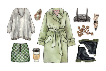 watercolor hand drawing sketch fashion outfit, a set of clothes and accessories