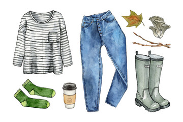 watercolor hand drawing sketch fashion outfit for forest walk, a set of clothes and accessories - 502317872