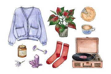 watercolor hand drawing sketch fashion outfit, a set of clothes, accessories and home decor - 502317873