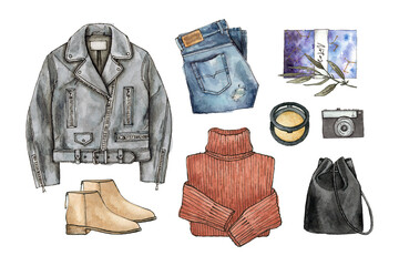 watercolor hand drawing sketch fashion autumn outfit, a set of clothes and accessories - 502317874