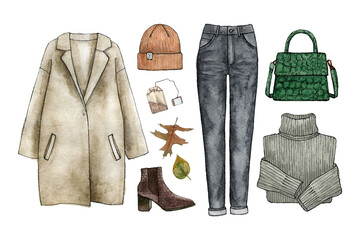 watercolor hand drawing sketch fashion fall outfit, a set of clothes and accessories - 502317876