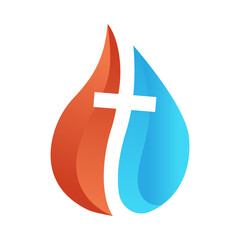 water and fire logo with christ cross symbol in between. Illustration of flame and water drop. Combination concept of fire, water, cross, ice.
