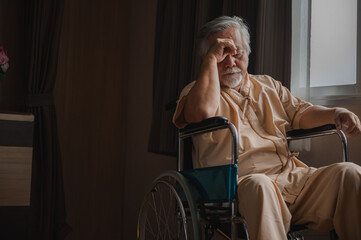 Plakat old Asian man person, senior elderly male patient have a depression disease and retirement, lonely and sad at hospital, medical mental health concept banner background with copy space