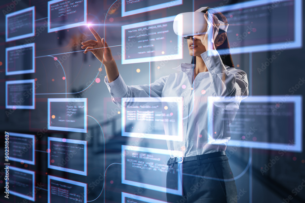 Poster Attractive businesswoman with VR glasses pointing at abstract creative coding programming hologram on blurry interior background. Science, technology and software concept. Double exposure.