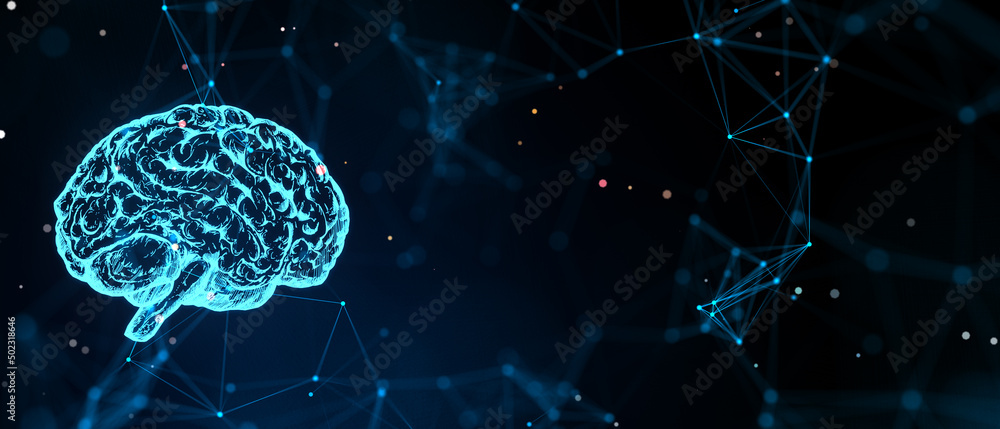 Poster creative polygonal brain hologram on dark background with mockup place. neurology and anatomy concep
