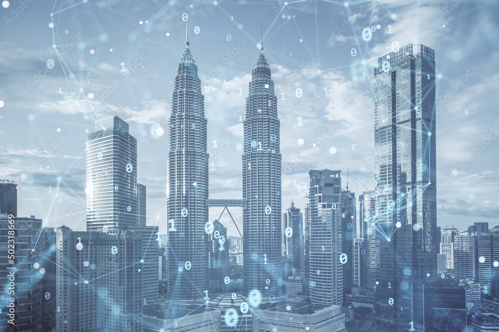 Poster creative binary code city background. digital transformation concept. double exposure.