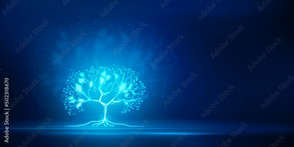 Aufkleber Glowing digital polygonal tree on wide blue background with mock up place. Network, technology and database concept. 3D Rendering.