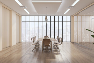 Contemporary glass partition meeting room interior with wooden flooring, furniture and equipment. 3D Rendering.