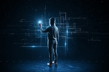Back view of hacker using abstract glowing lines interface on dark background. Big data, hacker,...