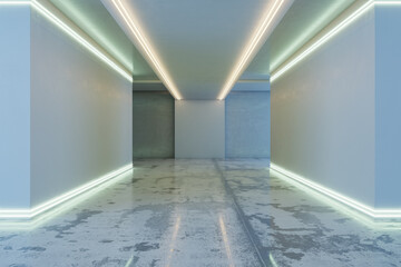 Modern space corridor interior with white lights and mock up place on wall. Technology and architecture concept. 3D Rendering.