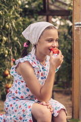 A girl in a summer dress and a kerchief is eating a tomato on the threshold of a greenhouse and enjoying the summer sun.Summer and harvest concept.