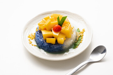 Ripe Mango with Coconut Flavored Sticky Rice on white dish, .Popular Thai desserts,Food and Desserts concept.