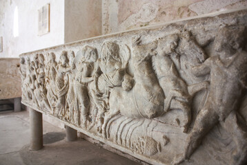 Relief of an ancient tomb in "Paradise Yard" (patio), adjacent to Cathedral of St. Andrew in Amalfi 