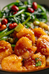 Isolated bowl of asian rice with shrimp and spinach