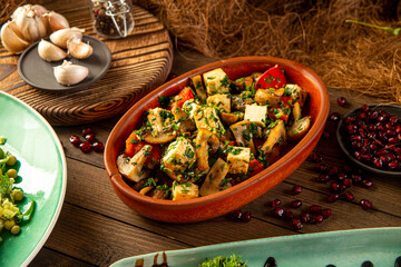 Caucasian cooked mushrooms with garlic and tomatoes
