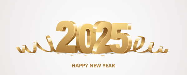 Happy New Year 2025. Golden 3D numbers with ribbons and confetti on a white background.