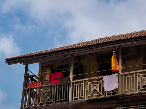 Traditional Gudhi displayed outside old buildings/chawls on the occassion on Hindu New Year Parade, Gudhi Padva