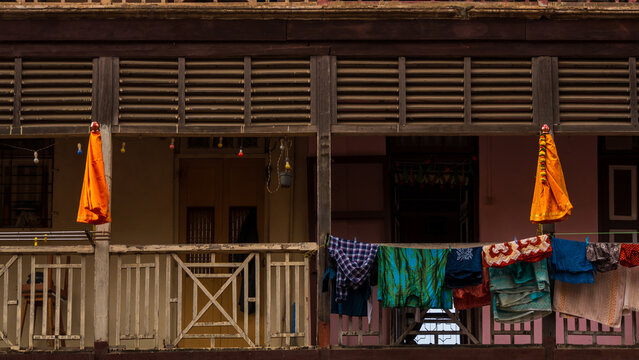 Traditional Gudhi displayed outside old buildings/chawls on the occassion on Hindu New Year Parade, Gudhi Padva
