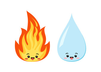 Water drop and fire flame cute emoji character isolated on a white background. Hot cartoon flame energy funny aqua emoticon sign with face. Flat design vector kawaii illustration.