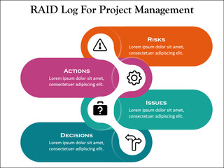 Raid log for Project management with Icons and Description Placeholder. It is used to organize a project/program by tracking risks, actions, issues, and decisions.