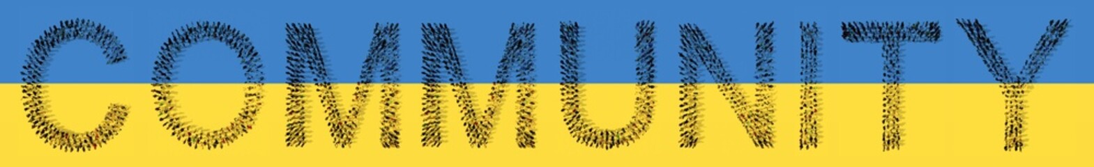 Concept or conceptual community of people forming  COMMUNITY word on Ukrainian flag. 3d illustration metaphor for patriotism, solidarity, international cooperation and support, friendship and help
