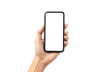 Hand man holding mobile smartphone with blank screen with space for inserting advertising text. isolated on white background with clipping path