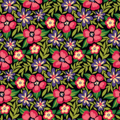 Cute floral print in folk style. Seamless pattern, summer botanical background with ornate blooming meadow, various small flowers, leaves, green grass on a dark field. Vector.