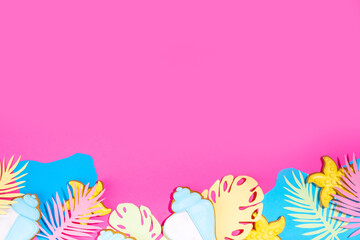 Summer trendy colorful background. Paper art minimal background with various bright paper tropical leaves, ocean ocean sea waves, shells and starfish. Creative summertime holiday vacation background