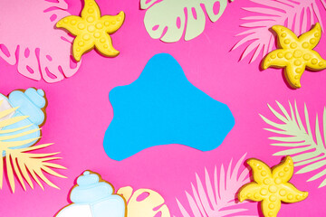 Summer trendy colorful background. Paper art minimal background with various bright paper tropical leaves, ocean ocean sea waves, shells and starfish. Creative summertime holiday vacation background