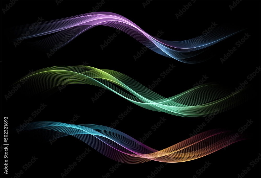 Poster Abstract Gold Waves. Shiny moving lines design element on dark background for greeting card and disqount voucher.