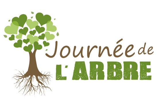 Journ&eacute;e de l'arbre, logo arbre avec racines et c&oelig;urs, prot&eacute;ger notre terre, notre plan&egrave;te